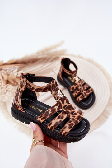 Kindisch Sandalen Gladiator Ze goldene Farbem Detalem mit Leopardenfellmuster Vesira