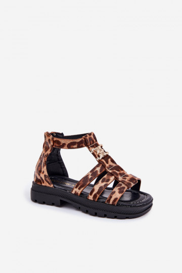 Kindisch Sandalen Gladiator Ze goldene Farbem Detalem mit Leopardenfellmuster Vesira 2