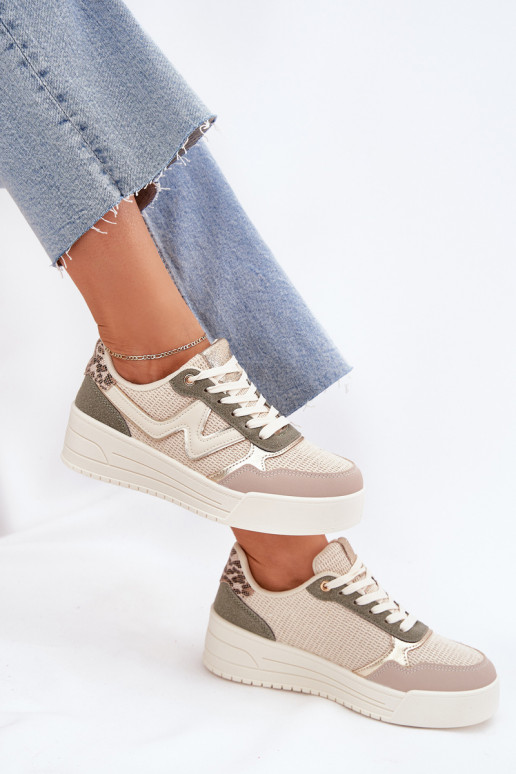 Sneakers Stilvollllschuhe Feminin mit einer Plattform mit Leopardenfellmuster Beige Kelsia