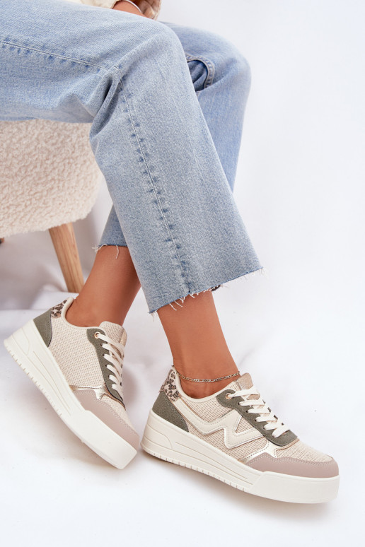 Sneakers Stilvollllschuhe Feminin mit einer Plattform mit Leopardenfellmuster Beige Kelsia