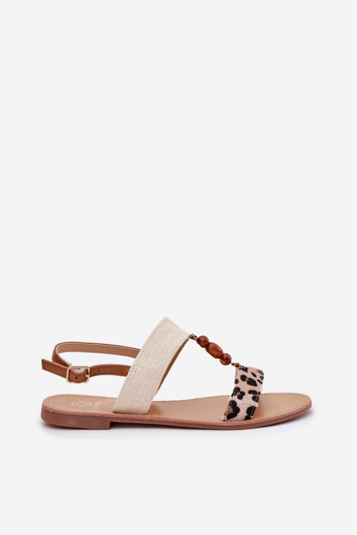 Flache Sandalen für Damen mit Perlen mit Leopardenfellmuster Beige Virona