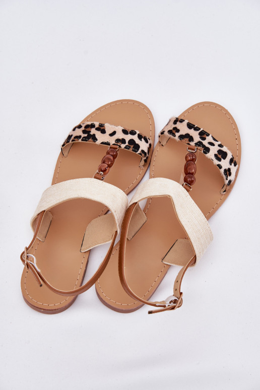 Flache Sandalen für Damen mit Perlen mit Leopardenfellmuster Beige Virona