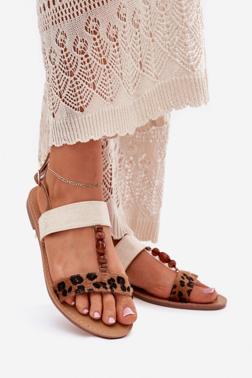 Flache Sandalen für Damen mit Perlen mit Leopardenfellmuster braune Farbe Virona