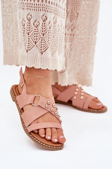 Damensandalen mit breiten Absätzen Ze goldene Farbemi Stollen pinke Farbe Zanira