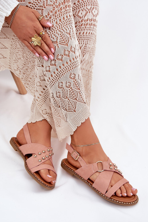 Damensandalen mit breiten Absätzen Ze goldene Farbemi Stollen pinke Farbe Zanira