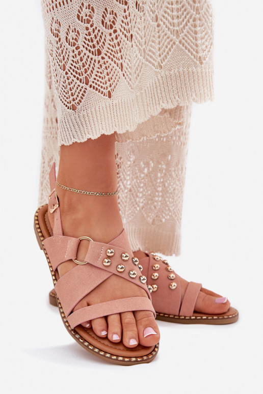 Damensandalen mit breiten Absätzen Ze goldene Farbemi Stollen pinke Farbe Zanira