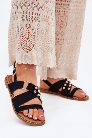 Damen-Sandalen mit breiten Absätzen und goldenen Schnallen in Schwarz Zanira
