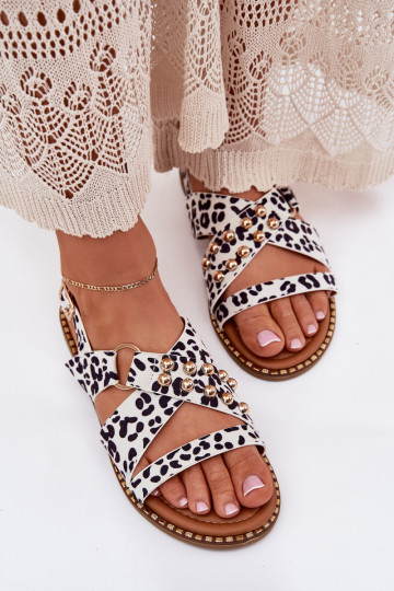 Damen-Sandalen mit breiten Absätzen und goldenen Schnallen in Weiß mit Schwarz Zanira
