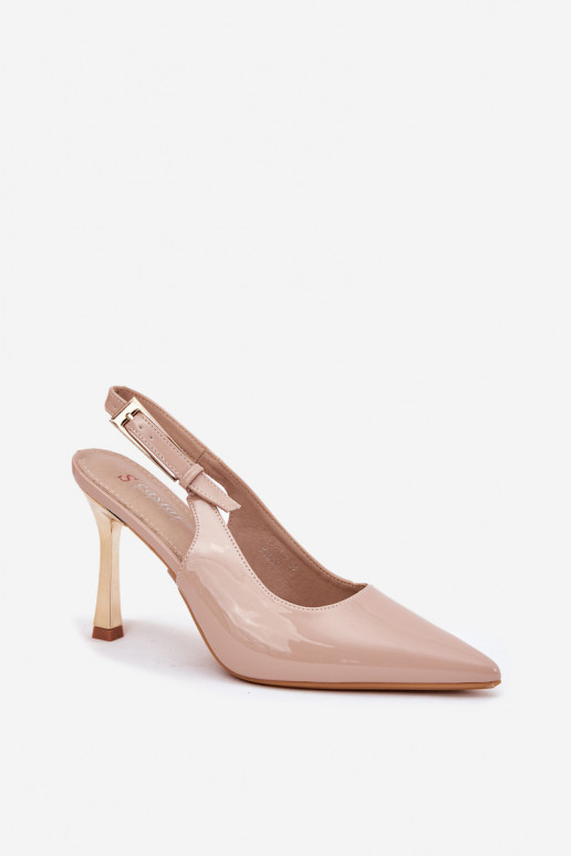 mit Lackeffekt hochhackige Schuhe mit offener Ferse I Szpiczastymi Noskami Beige Rivori