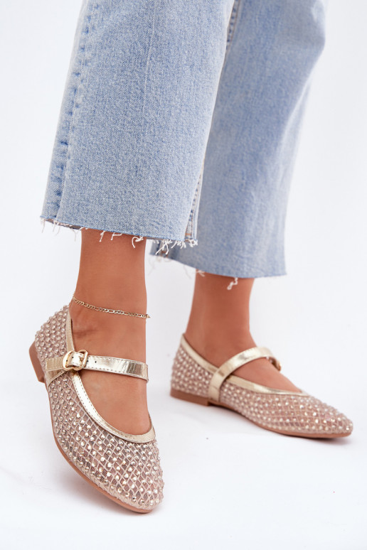 Dekoriert Ballerinas Feminin mit Riemen I mit Schnallen goldene Farbe Avirae Dekoriert Ballerinas Feminin mit Riemen I mit Schnallen goldene Farbe Avirae