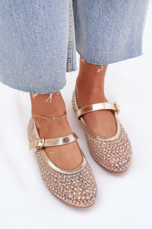 Dekoriert Ballerinas Feminin mit Riemen I mit Schnallen goldene Farbe Avirae Dekoriert Ballerinas Feminin mit Riemen I mit Schnallen goldene Farbe Avirae