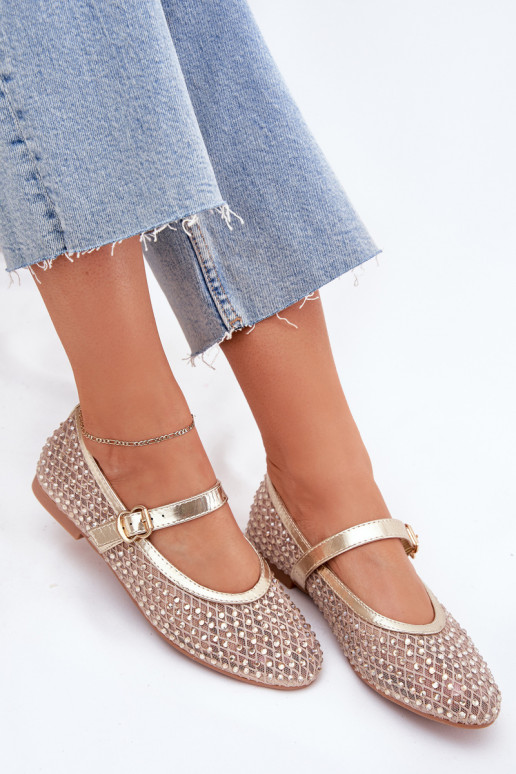Dekoriert Ballerinas Feminin mit Riemen I mit Schnallen goldene Farbe Avirae Dekoriert Ballerinas Feminin mit Riemen I mit Schnallen goldene Farbe Avirae