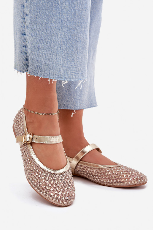 Dekoriert Ballerinas Feminin mit Riemen I mit Schnallen goldene Farbe Avirae Dekoriert Ballerinas Feminin mit Riemen I mit Schnallen goldene Farbe Avirae
