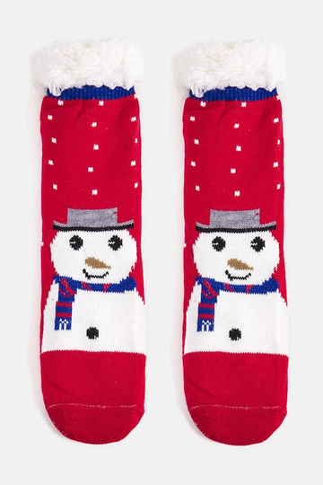 Rote isolierte Socken mit Challi dem Schneemann