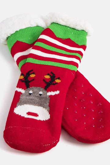 Rote warme Socken mit Rentier-Challi 2