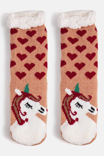Beige Socken mit Schaffell...