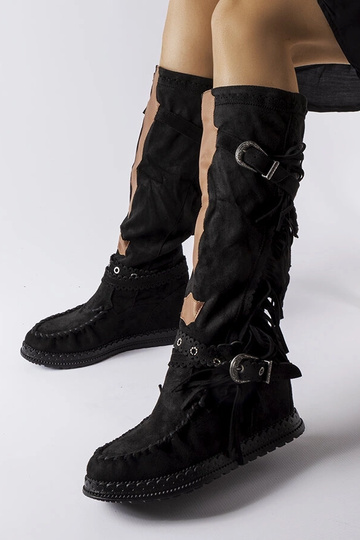 Schwarze Wildlederstiefel im Boho-Stil für Damen mit überzogenem Keilabsatz Filiberta