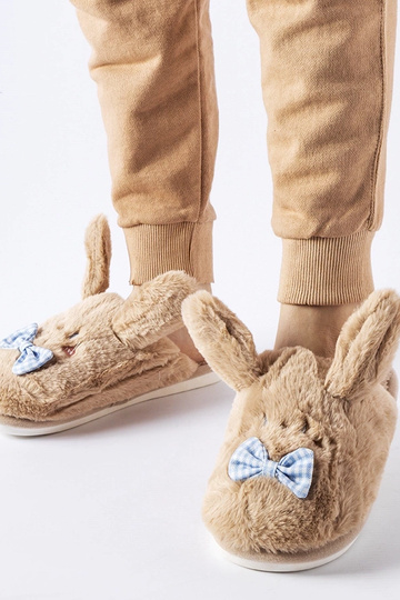 Beige Hausschuhe mit Ohren und Schleife Bruna