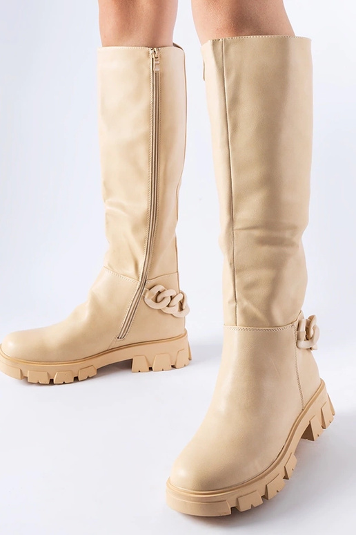 Beige flache Stiefel mit Kette Armand
