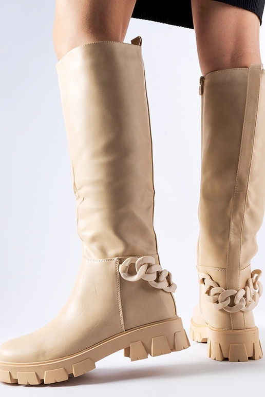 Beige flache Stiefel mit Kette Armand