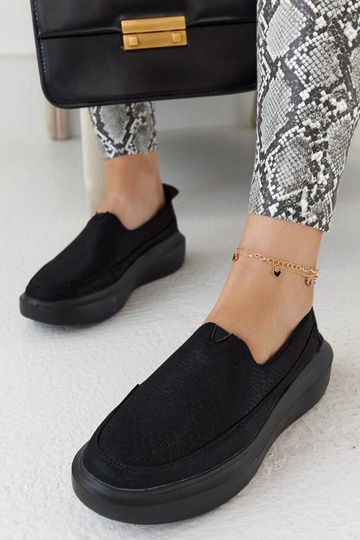 Schwarze durchbrochene Damenschuhe, Slipper, mit dicker Sohle, Marcie