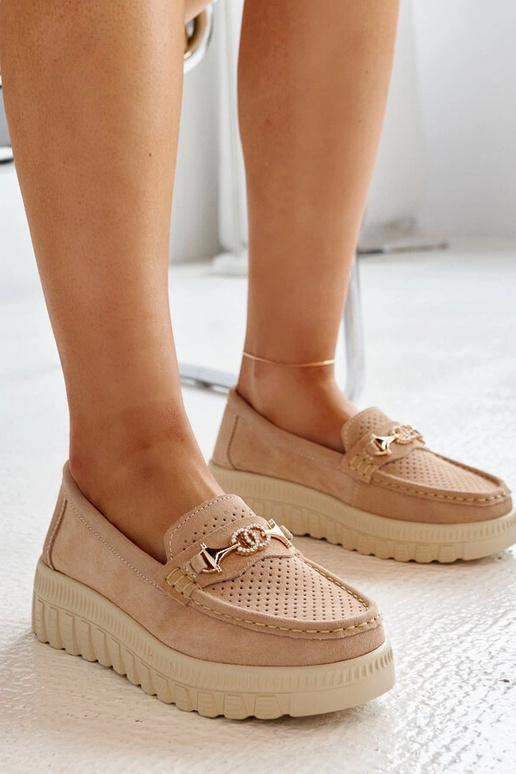Beige Leder-Schnürschuhe mit...