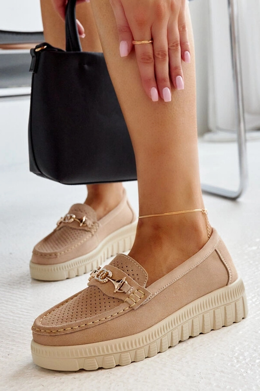 Beige Leder-Schnürschuhe mit...