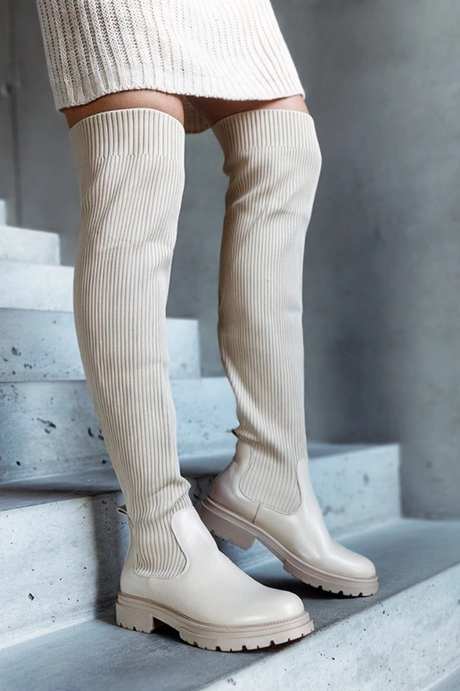 Beige lange Stiefel mit elastischem...