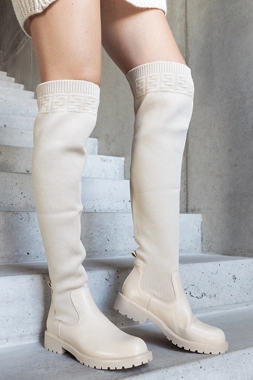 Beige Lange Stiefel mit elastischem...