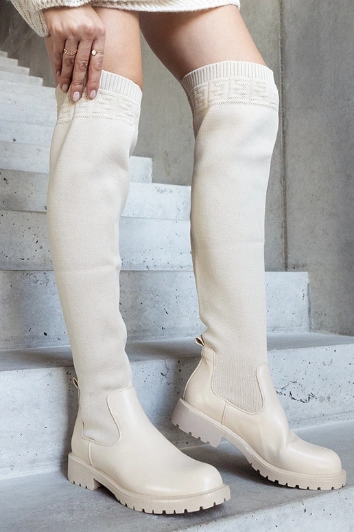 Beige Lange Stiefel mit elastischem...