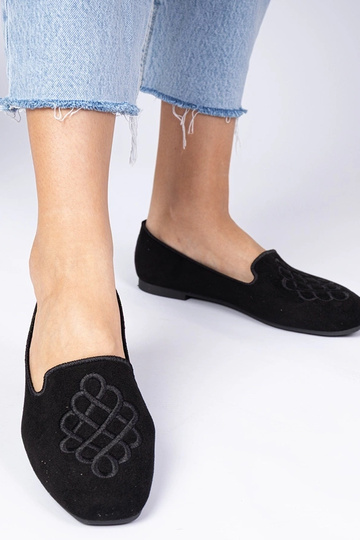 Schwarze Damen-Ballerinas aus Kunstwildleder mit Stickerei Ronna