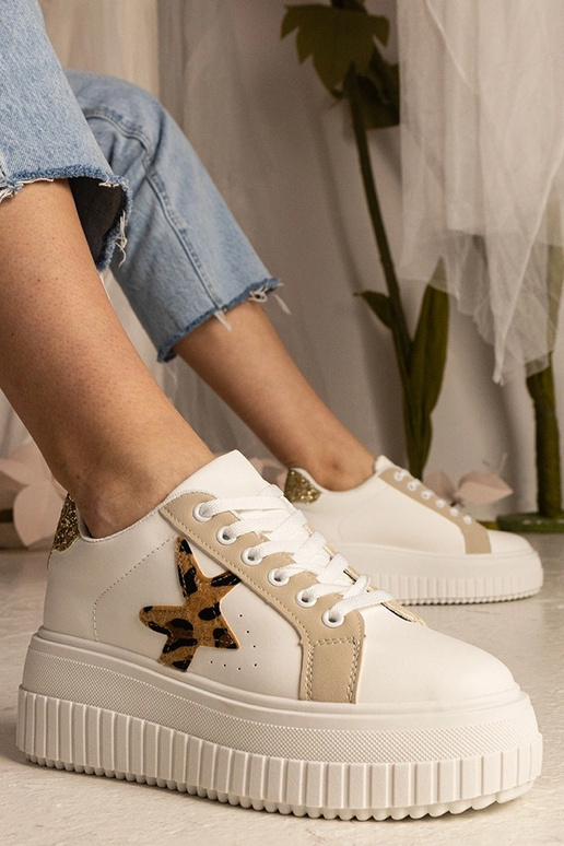 Biało-beżowe Sneakers mit Glitzer und...