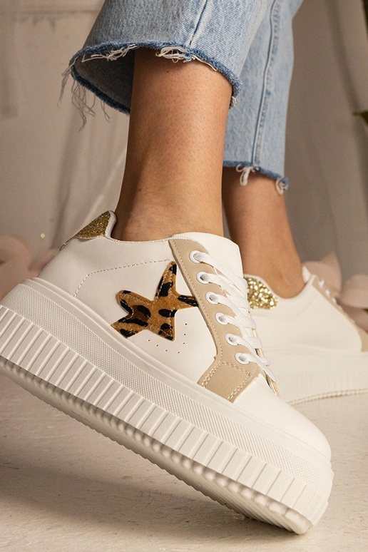 Biało-beżowe Sneakers mit Glitzer und...