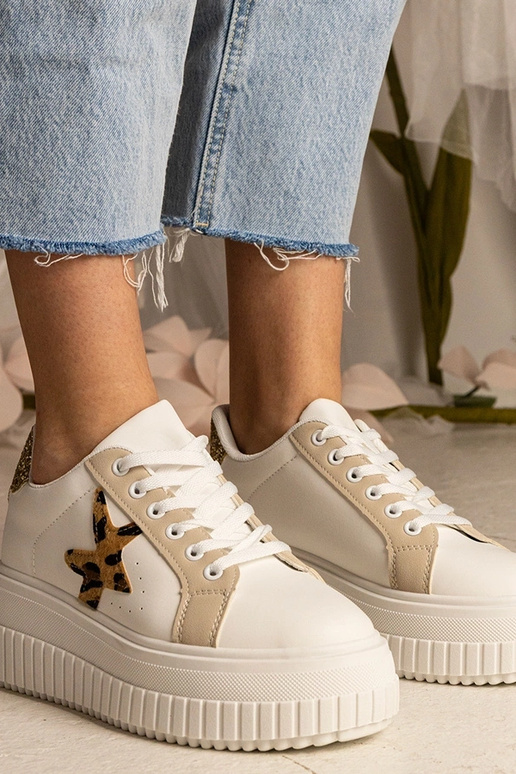 Biało-beżowe Sneakers mit Glitzer und...