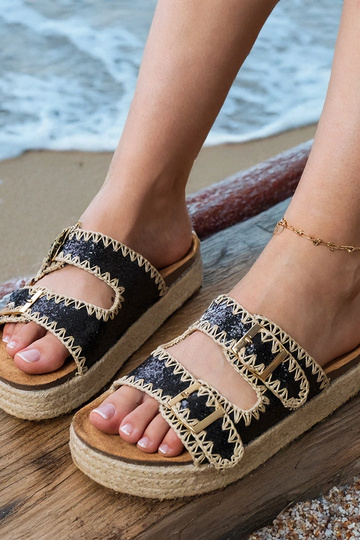 Schwarze Espadrilles mit Glitzer und Schnallen, „Induri" 2