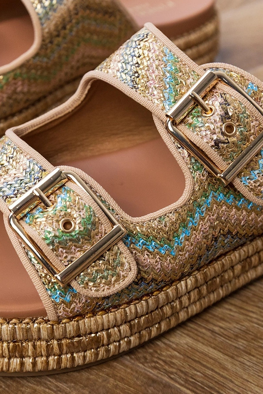 Goldene Hausschuhe mit Schnallen an...