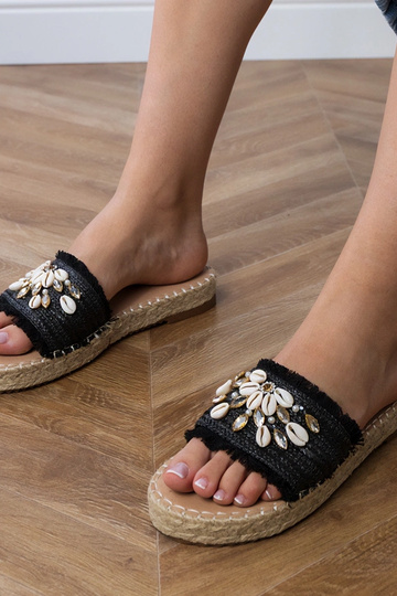 Schwarze Espadrilles mit Muscheln, „Morsa"