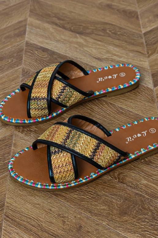 Schwarze flache Hausschuhe mit buntem...