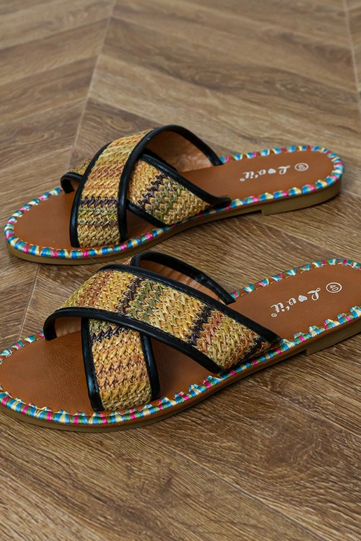 Schwarze flache Hausschuhe mit buntem...