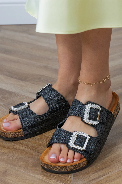 Schwarze Hausschuhe auf Korksohle mit...