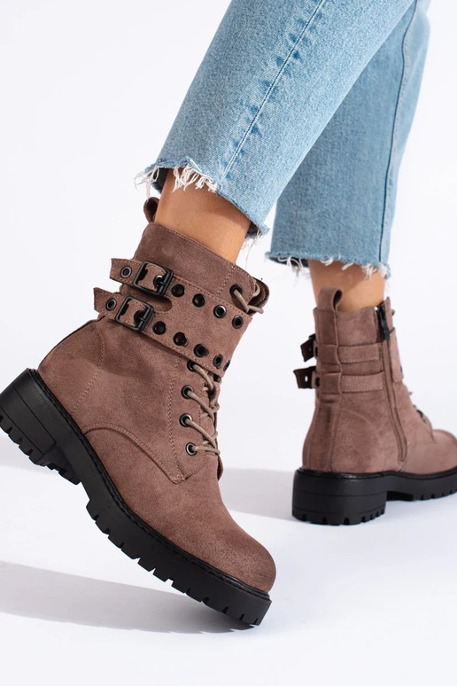 Dunkelbeige Damen-Schnürstiefeletten...