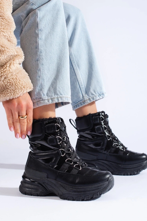 schwarze Damen-Schneestiefel mit Fell...