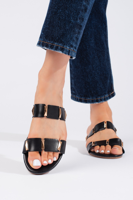 schwarze Damenhausschuhe auf flacher...