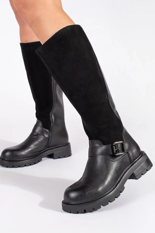 Schwarze Leder Damen Plateaustiefel...