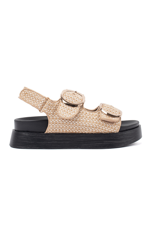Beige Plateau-Sandalen mit kariertem... Beige Plateau-Sandalen mit kariertem...