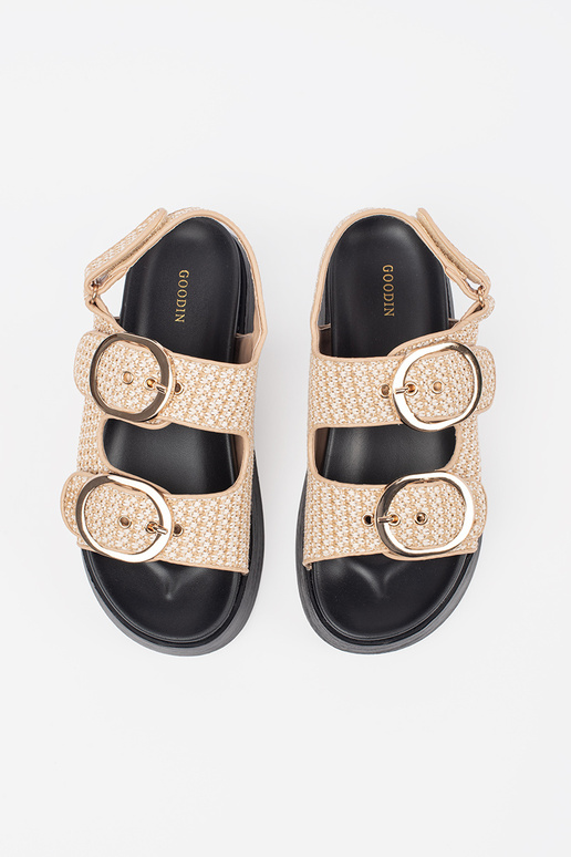 Beige Plateau-Sandalen mit kariertem... Beige Plateau-Sandalen mit kariertem...