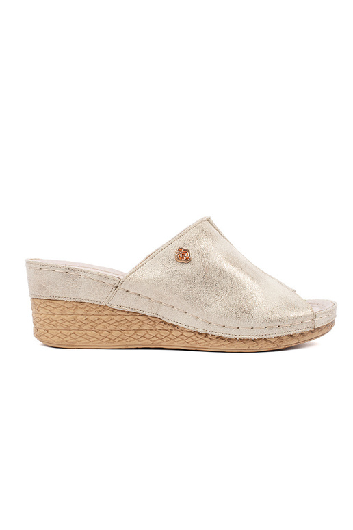 Goldene Damen Pantoletten auf Keilabsatz