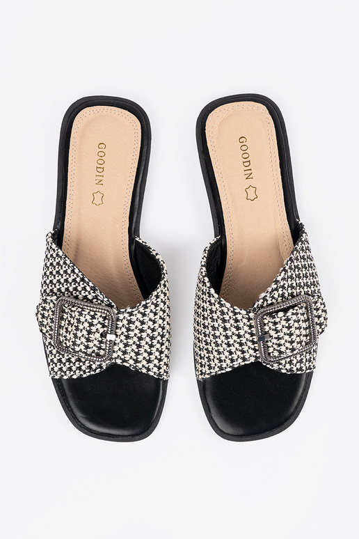 Schwarz-weiße kariert Pantoletten mit...