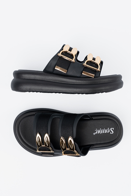 Pantoletten mit Plateau und goldenen... Pantoletten mit Plateau und goldenen...