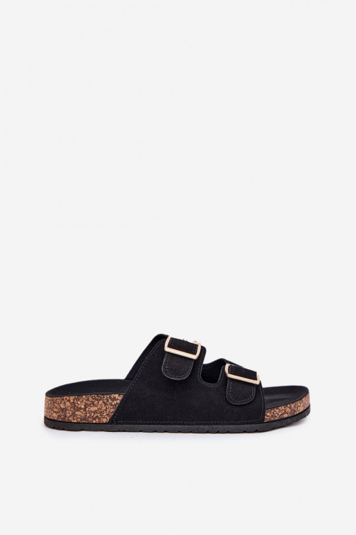 Damenhausschuhe Ze goldene Farbemi mit Schnallenmi I Przeszyciami schZuarze Farbe Lunera